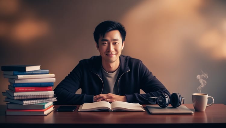 A student behind a study desk