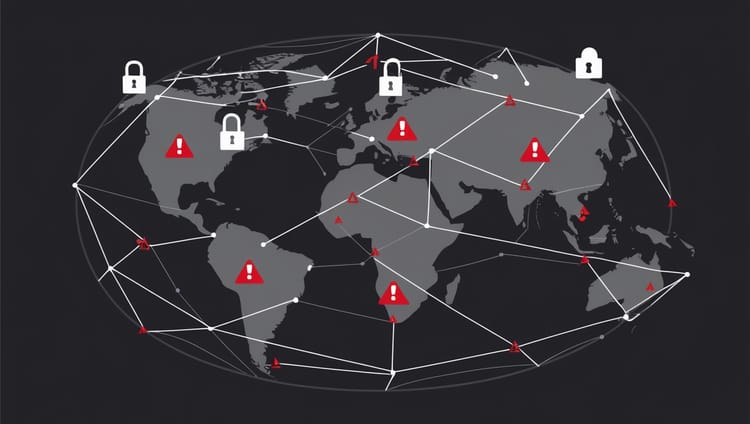 A dark, stylized illustration of a globe with interconnected lines and symbols representing cybercrime