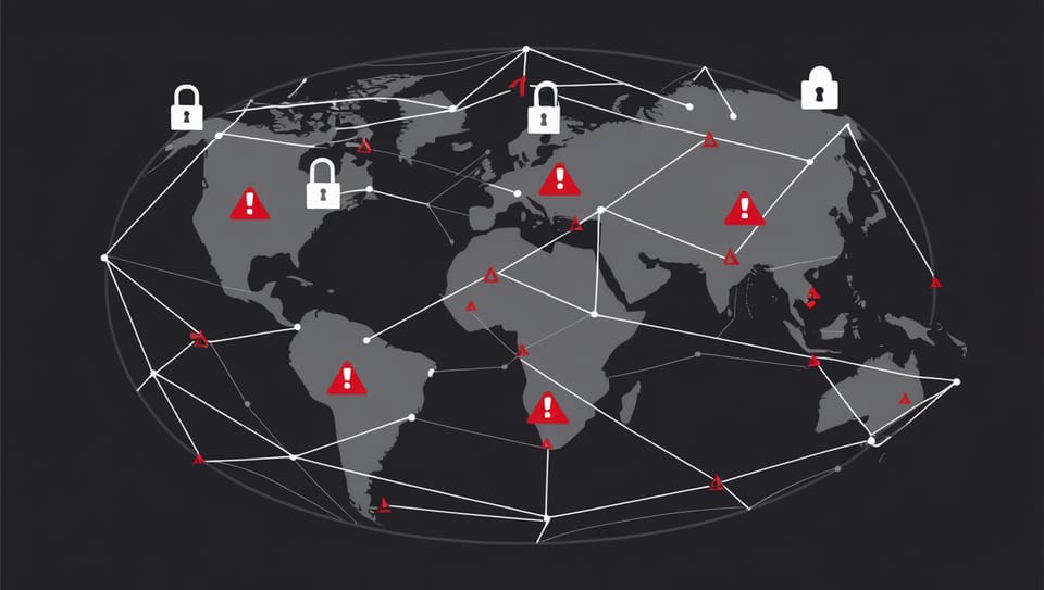 A dark, stylized illustration of a globe with interconnected lines and symbols representing cybercrime