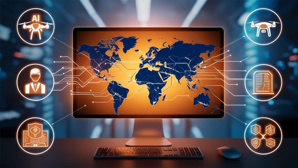 A glowing computer screen showing a map of the world with icons related to cybersecurity