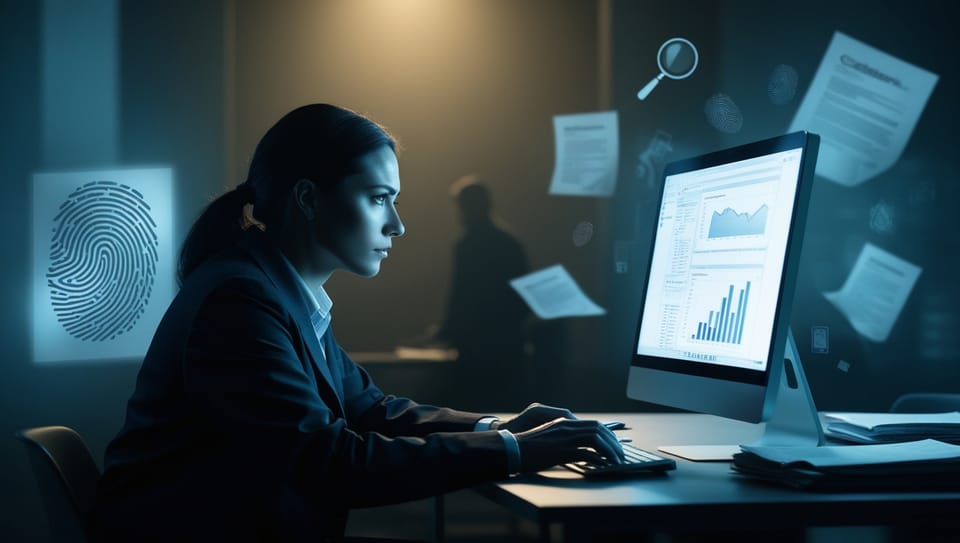 An image showing an investigator analyzing data on a computer screen