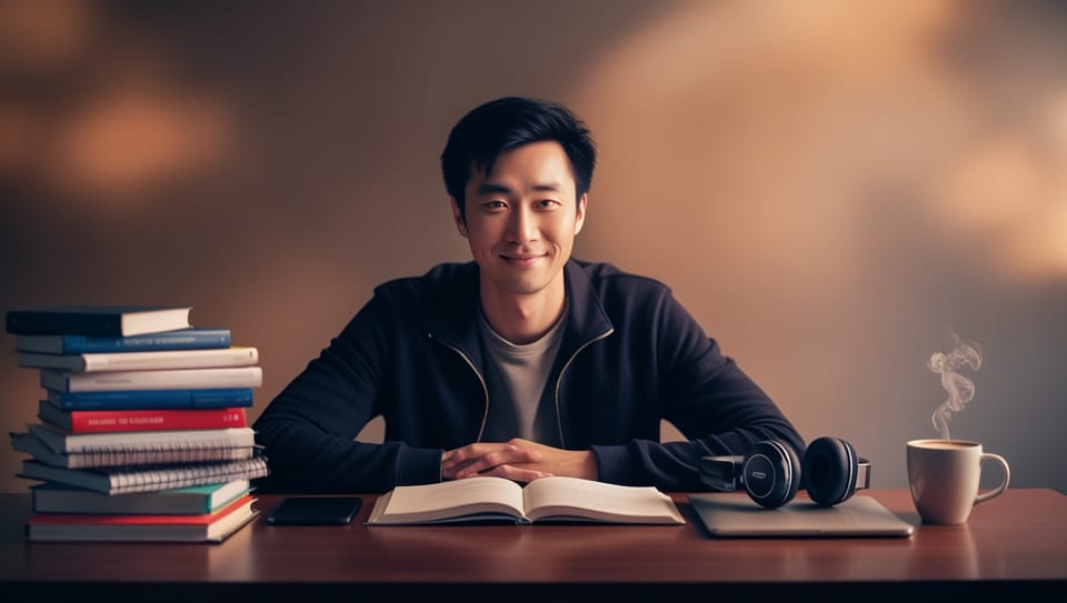 A student behind a study desk