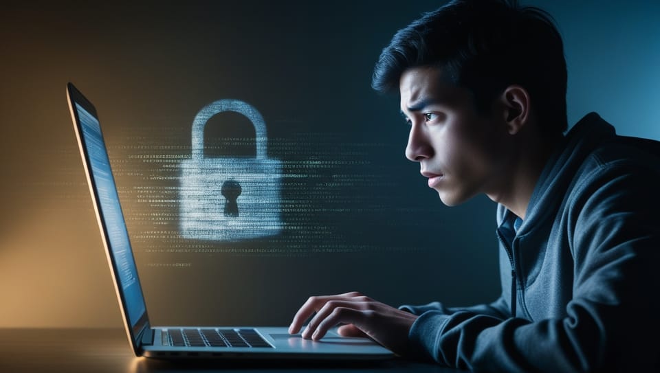 Image of a young student at a laptop with an ominous reflection of a lock on the screen