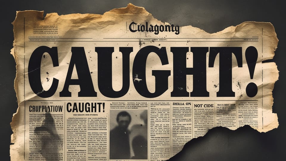 A blurred newspaper with the headline "Caught!"