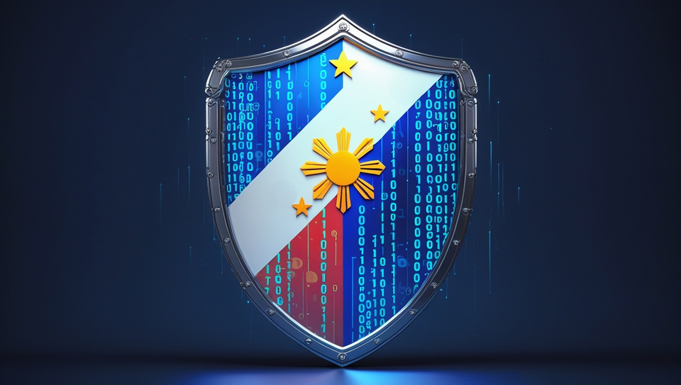 A graphic showing a shield with digital elements overlaying the Philippine flag